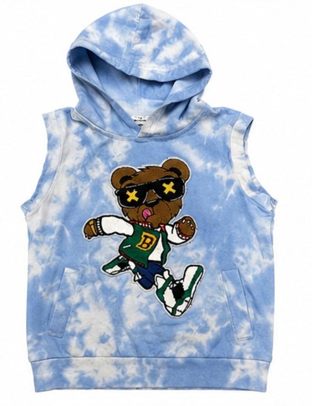 Lola  The Boys Blue Tie Dye Sleeveless Hoodie Bear Patch Size 6